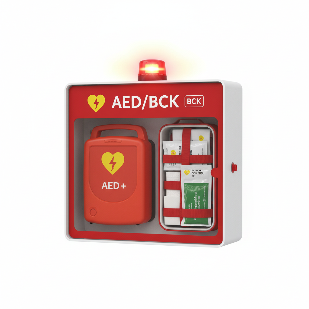 AI Generated image of an AED Wall Mounted Cabinet with a generic AED and Bleed Control Kit inside